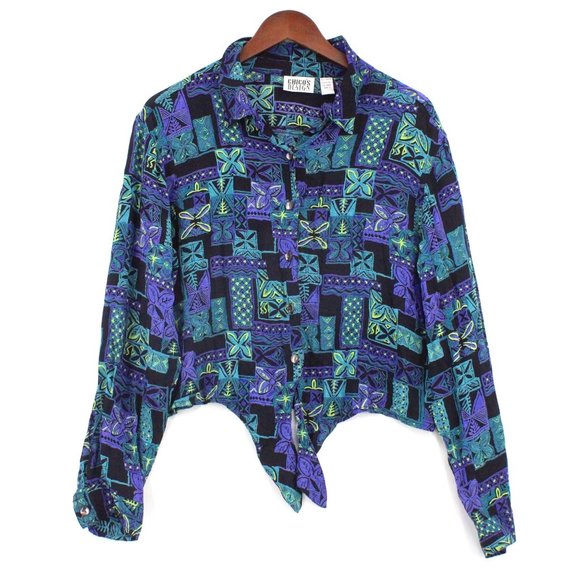 Vintage Chico's Design Shirt Womens Purple Hawaiian Pattern Cropped Retro Size 3 - Picture 1 of 9